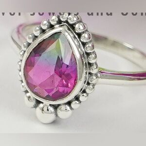 New Teardrop Watermelon Tourmaline Ring: Sterling Silver Boho Cocktail Ring 7.5